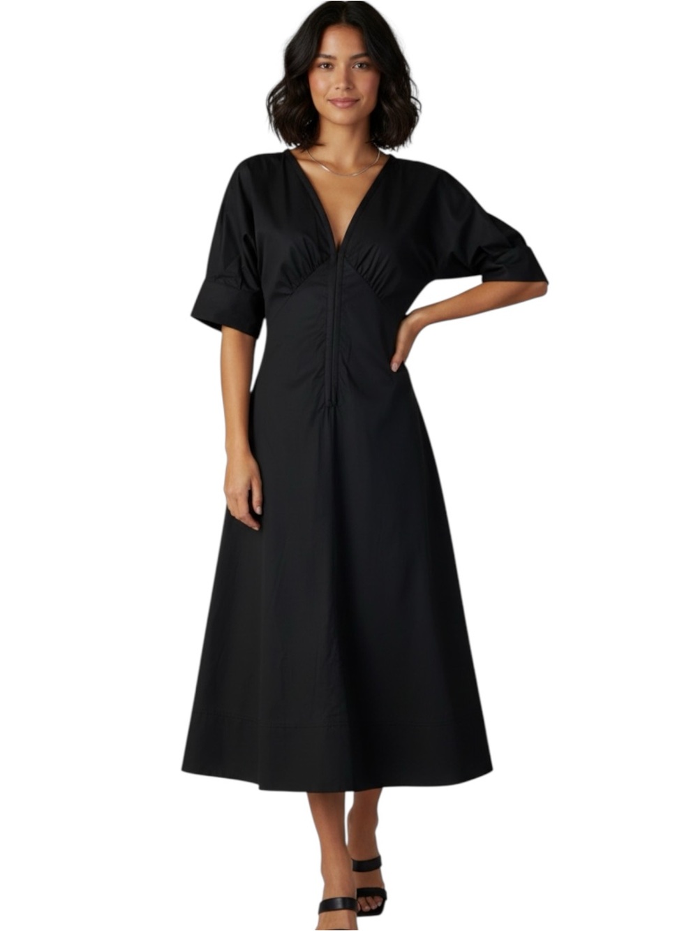 Judith & Charles Black Cotton Poplin Midi Dress V-Neck Ruched Cuffed Sleeve Sz 6